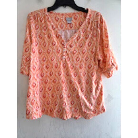 Chico's Women Orange White "Flame" Print Cotton/Modal V-Neck Blouse size Large - Picture 1 of 5